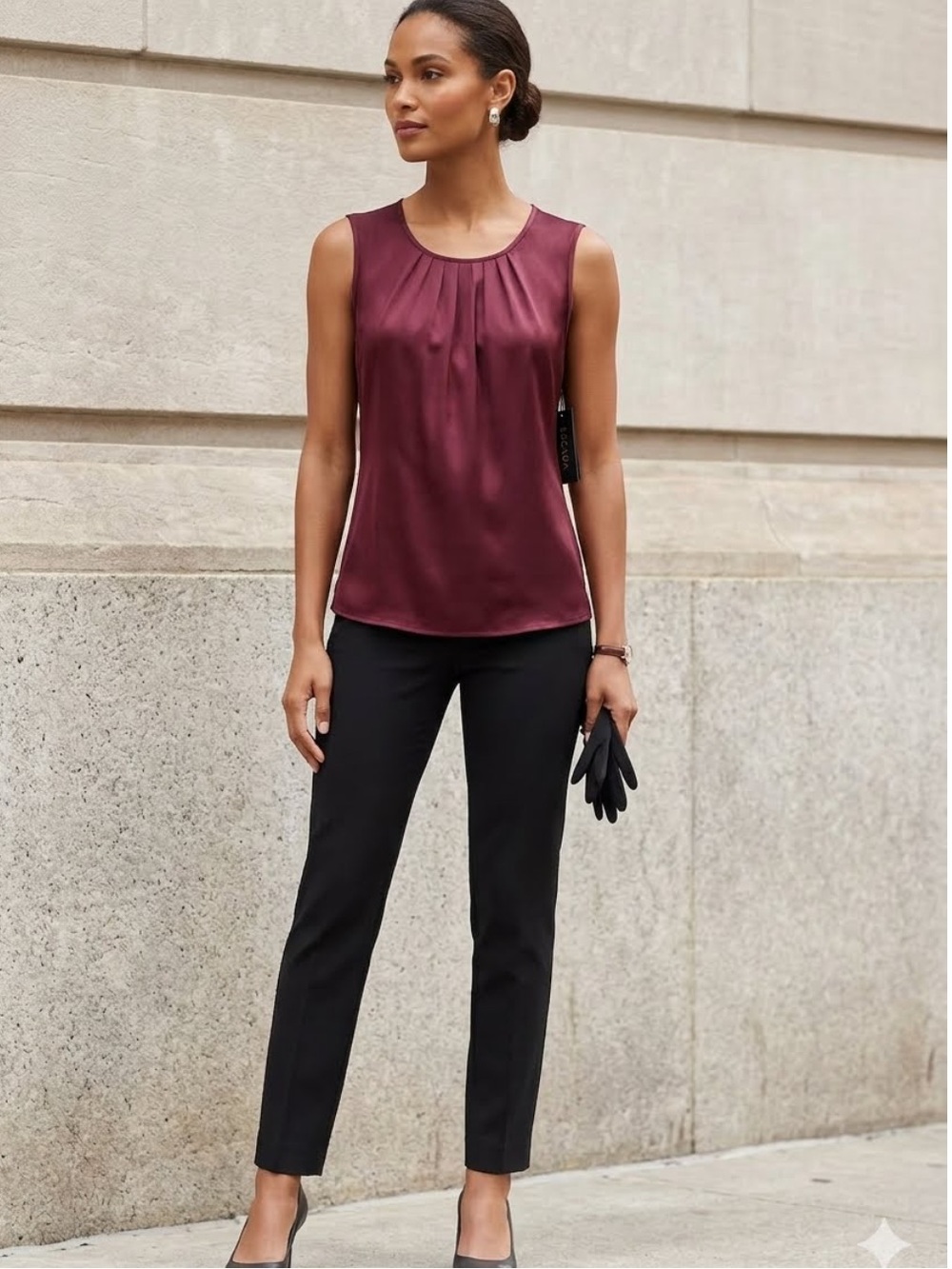Escada Burgundy Sleeveless Pleat-Neck Camisole